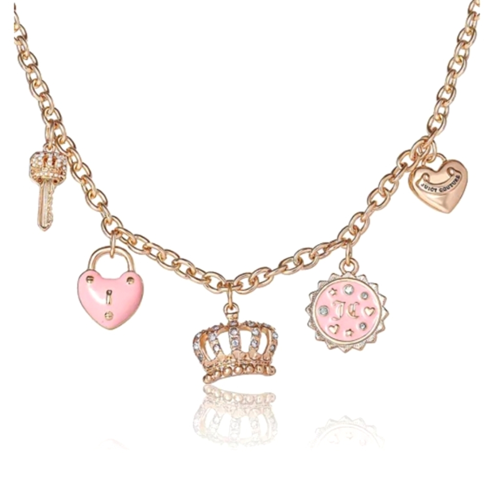 Juicy Couture Necklace Crown, Heart Locket, Key, Charm, Pink Enamel, Goldtone